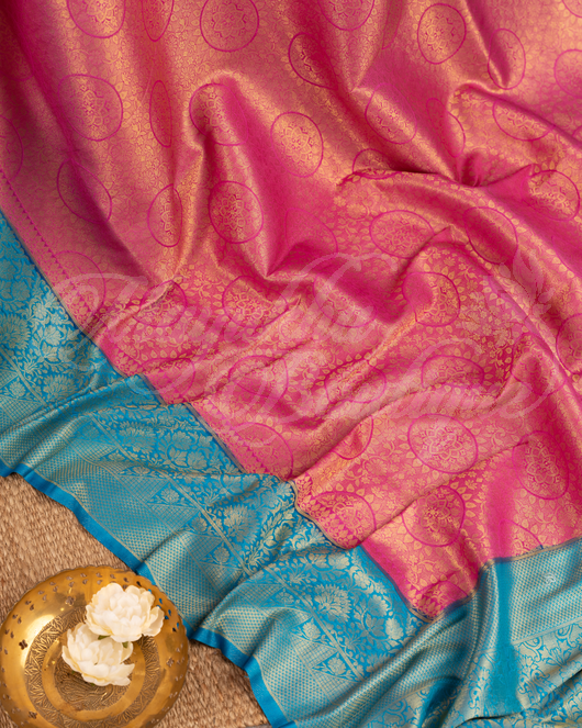 Banarasi Soft Silk Rose Gold & Ocean Blue Saree With Stitched Blouse In Size 38-44 mayukhasarees
