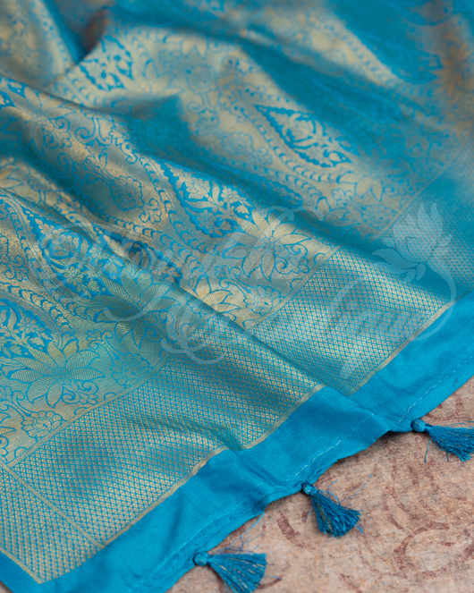 Banarasi Soft Silk Rose Gold & Ocean Blue Saree With Stitched Blouse In Size 38-44 mayukhasarees
