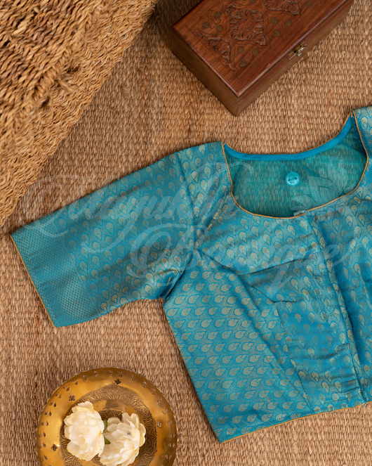 Banarasi Soft Silk Rose Gold & Ocean Blue Saree With Stitched Blouse In Size 38-44 mayukhasarees