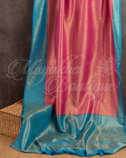 Banarasi Soft Silk Rose Gold & Ocean Blue Saree With Stitched Blouse In Size 38-44 mayukhasarees