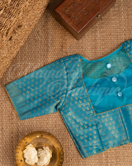 Banarasi Soft Silk Rose Gold & Ocean Blue Saree With Stitched Blouse In Size 38-44 mayukhasarees