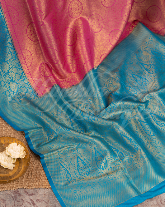 Banarasi Soft Silk Rose Gold & Ocean Blue Saree With Stitched Blouse In Size 38-44 mayukhasarees