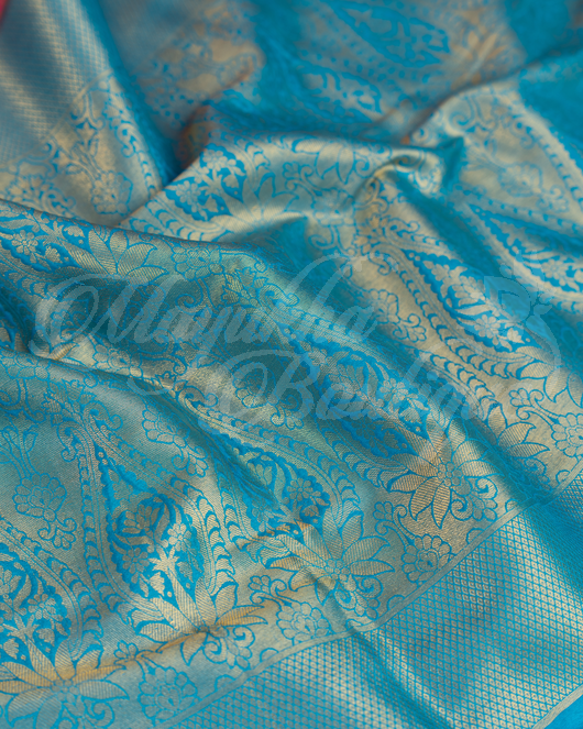 Banarasi Soft Silk Rose Gold & Ocean Blue Saree With Stitched Blouse In Size 38-44 mayukhasarees