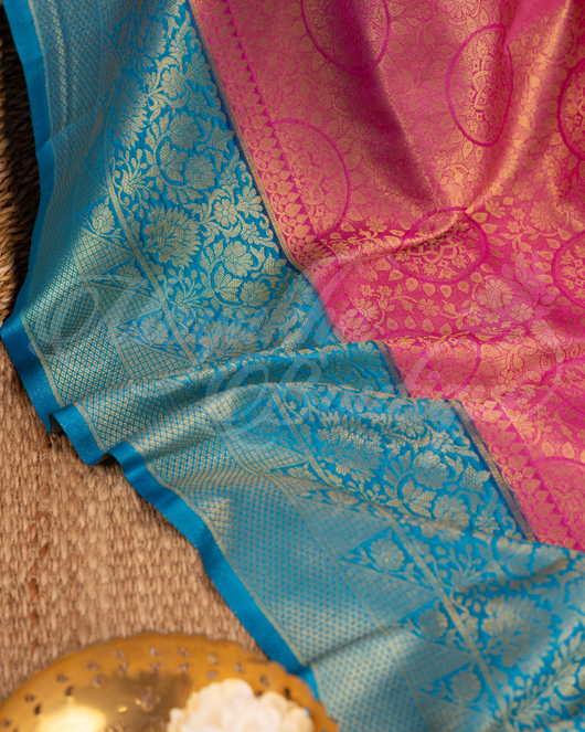 Banarasi Soft Silk Rose Gold & Ocean Blue Saree With Stitched Blouse In Size 38-44 mayukhasarees