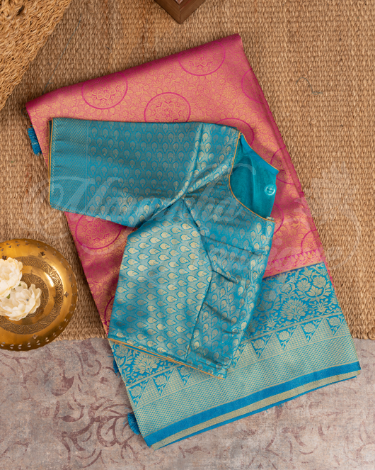 Banarasi Soft Silk Rose Gold & Ocean Blue Saree With Stitched Blouse In Size 38-44 mayukhasarees
