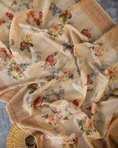 Banarasi Tassar Georgette Beige & Maroon Saree With Stitched Blouse In Size 38-44 mayukhasarees