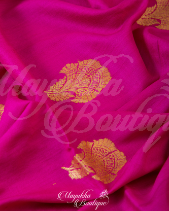 Banarasi Tassar Georgette Butta Magenta & Yellow Saree With Stitched Blouse In Size 38-44 mayukhasarees