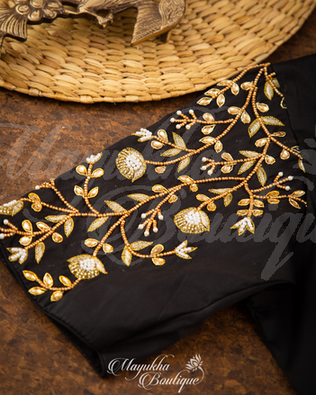 Banarasi Tassar Goegette Mustard & Black Saree With Stitched Blouse In Size 38-44 mayukhasarees