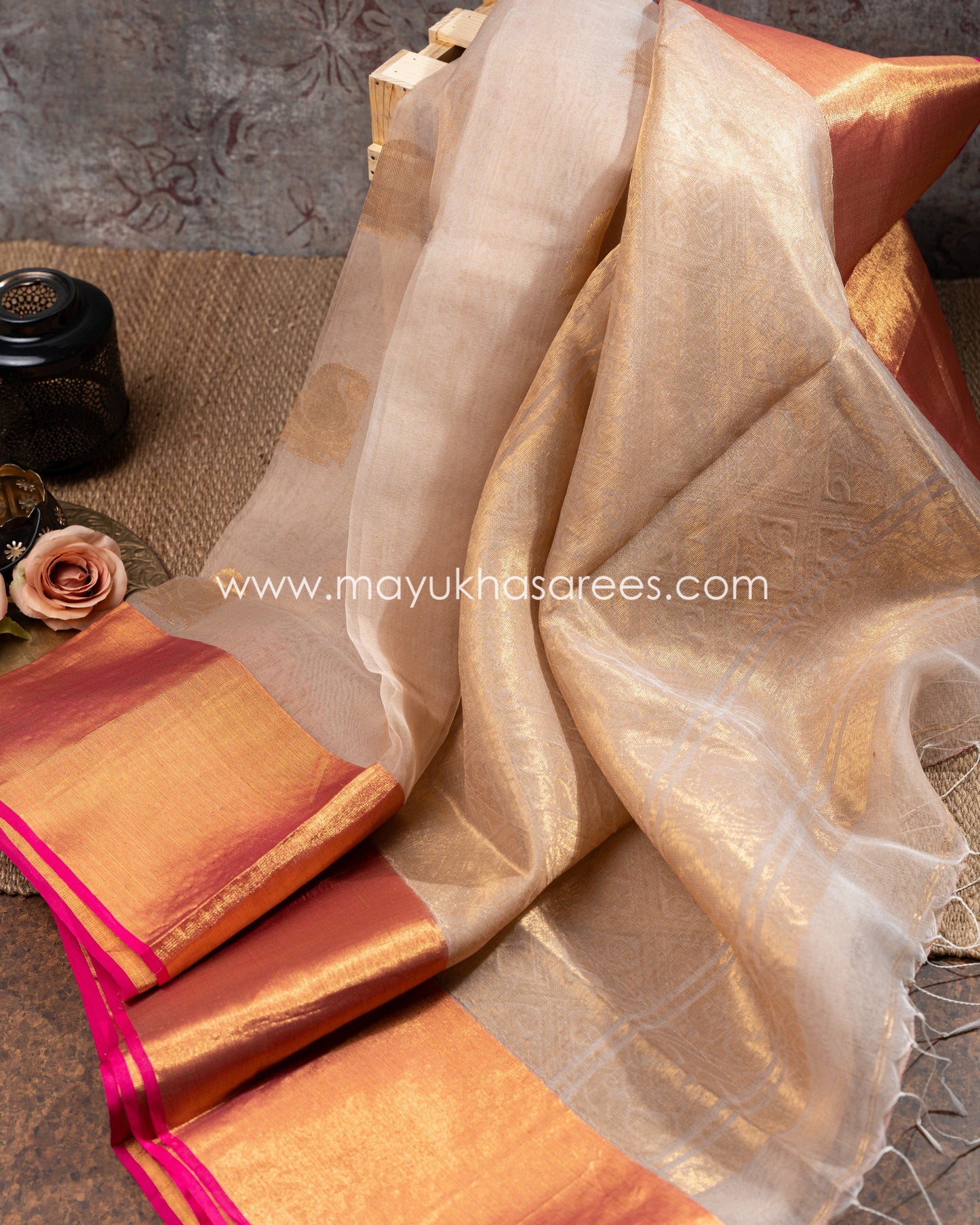 Beige And Pink Kanchipuram Kora Silk Saree Witth Stitched Blouse mayukhasarees