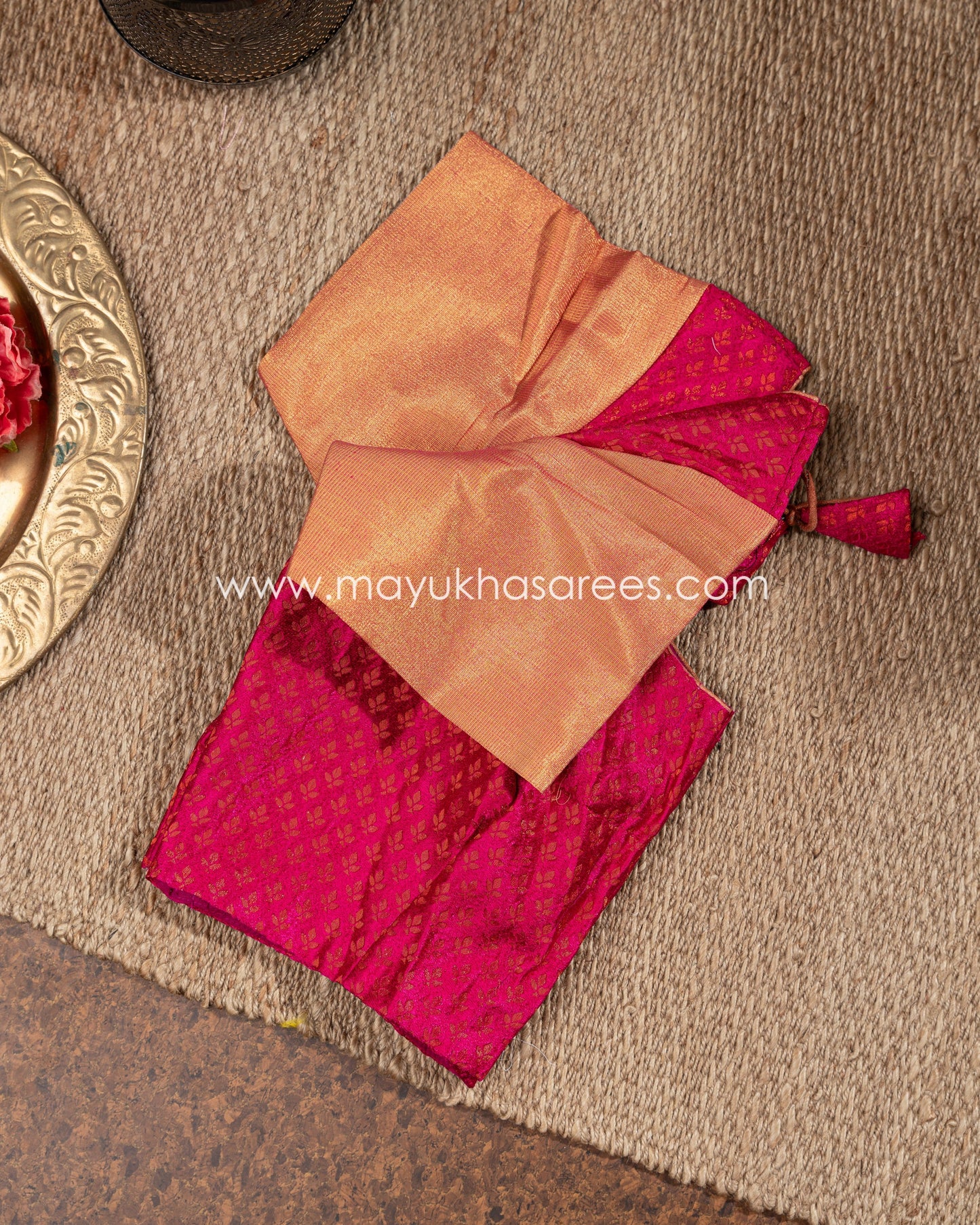 Beige And Pink Kanchipuram Kora Silk Saree Witth Stitched Blouse mayukhasarees