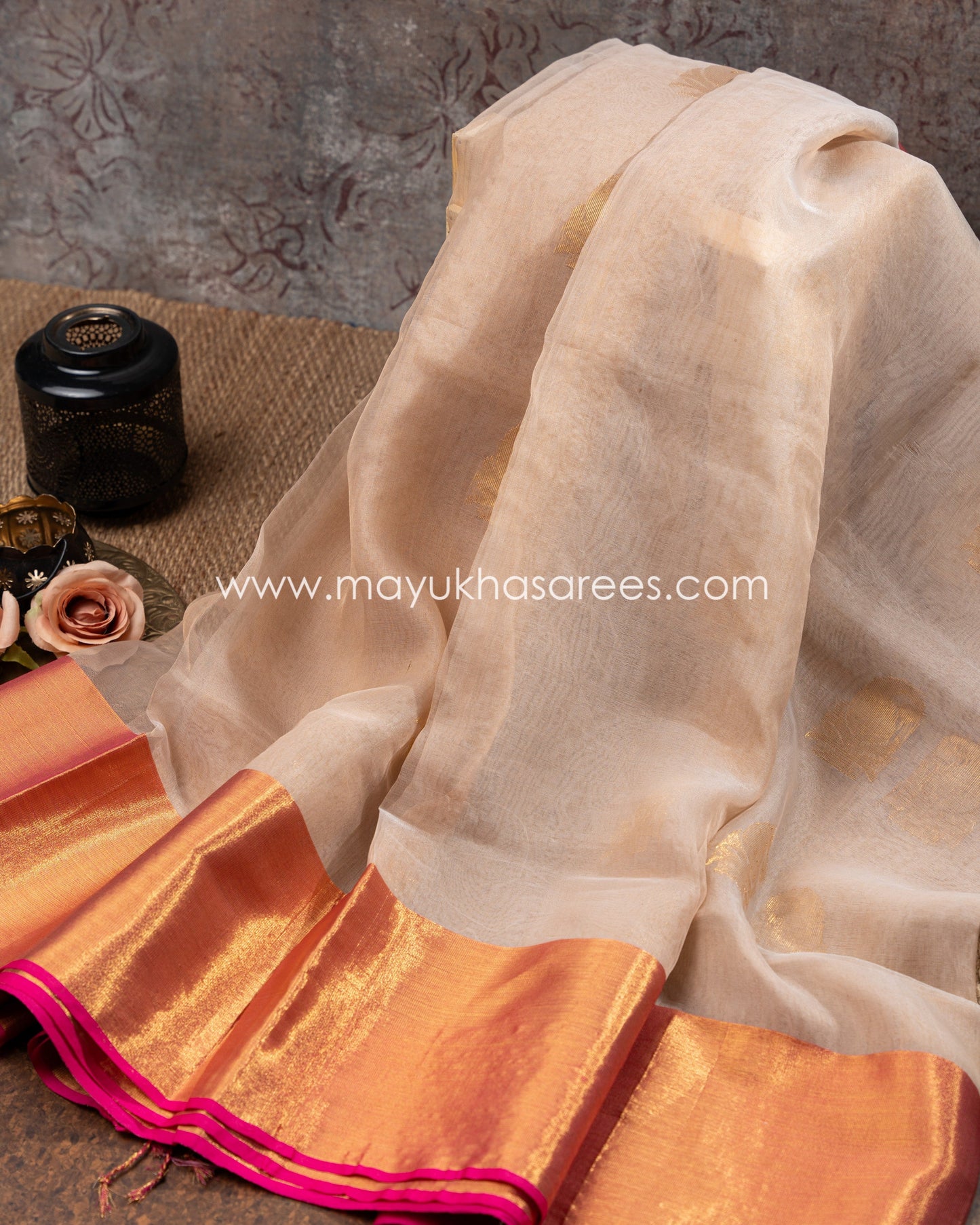 Beige And Pink Kanchipuram Kora Silk Saree Witth Stitched Blouse mayukhasarees