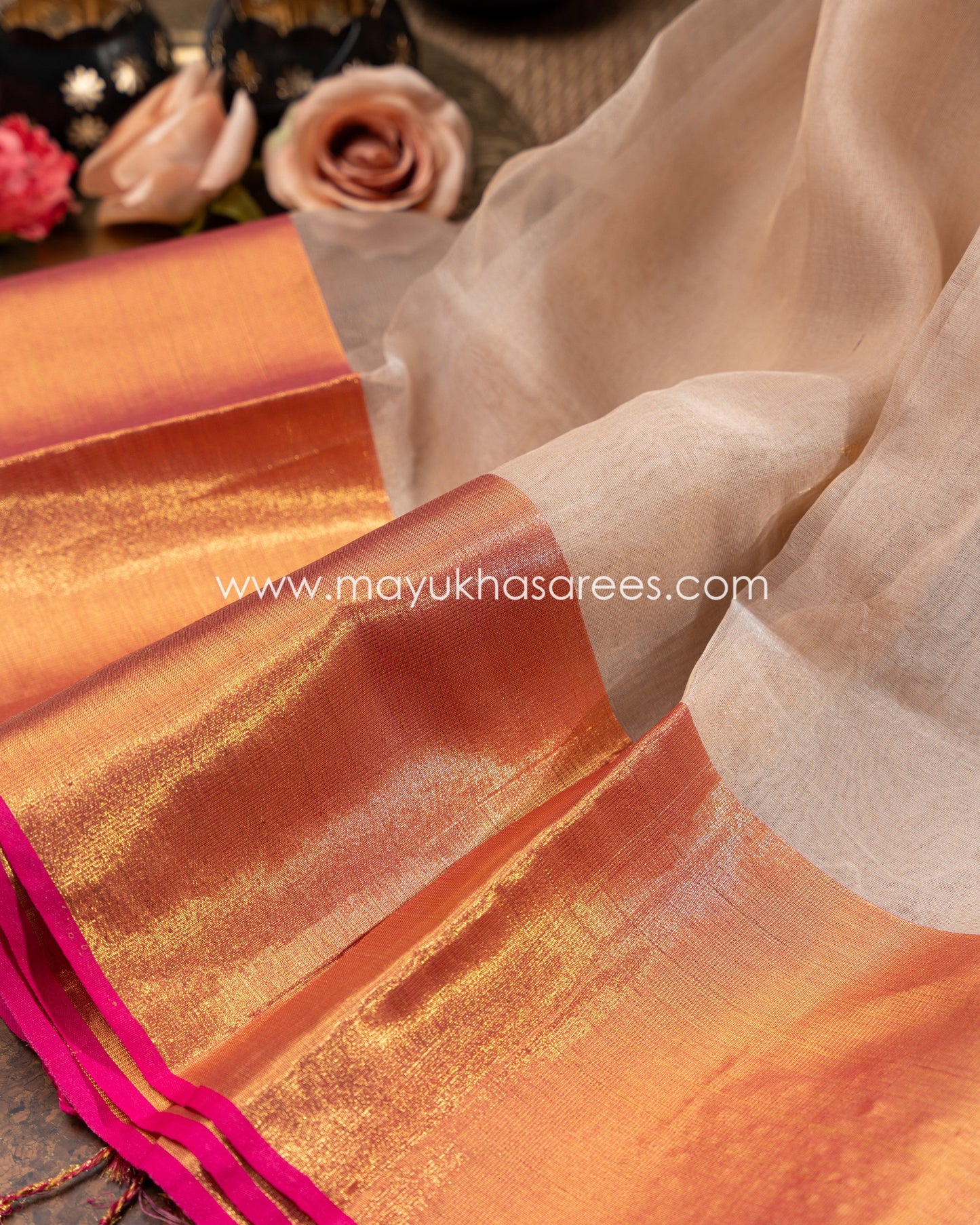 Beige And Pink Kanchipuram Kora Silk Saree Witth Stitched Blouse mayukhasarees