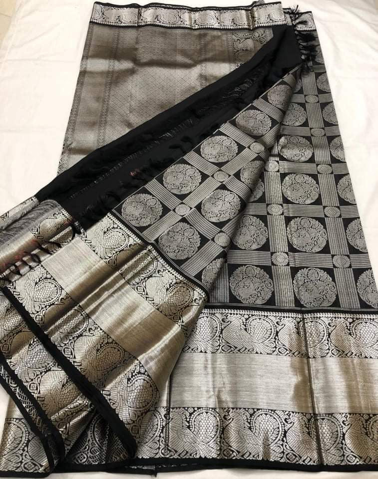 Black Kanchipuram Pure Silk Saree With Silver Zari mayukhasarees