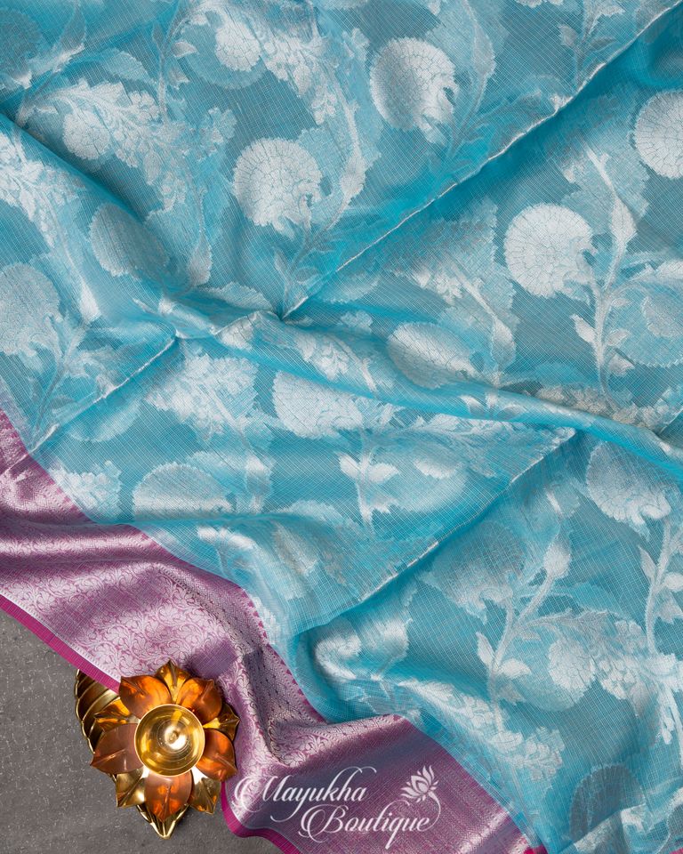 Blue Banarasi Kota Silk Saree With Tifli Weaving mayukhasarees