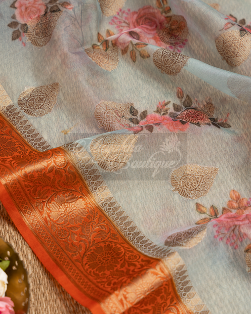 Blue Banrasi Kora Floral Printed Saree mayukhasarees