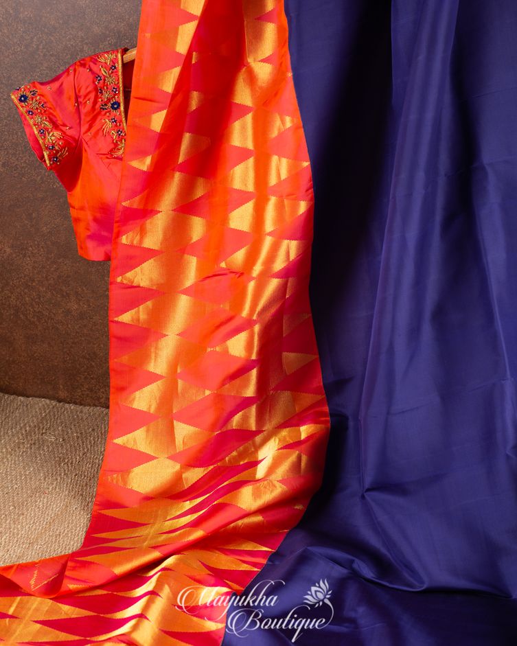 Blue Kanchipuram Pure Silk Saree With Orange Border mayukhasarees