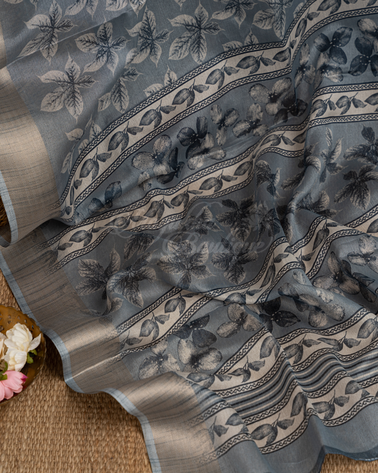 Chanderi Block Print Grey Saree mayukhasarees