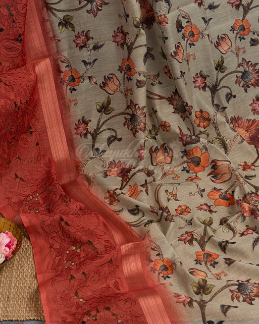 Chanderi Kalamkari Printed Grey Saree mayukhasarees