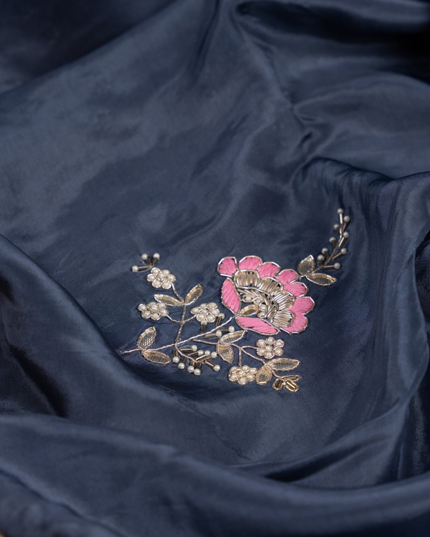 Chiffon With Gotta Patti Navy & Pink Blossomed Blue Saree With Stitched Blouse In Size 38-44 mayukhasarees