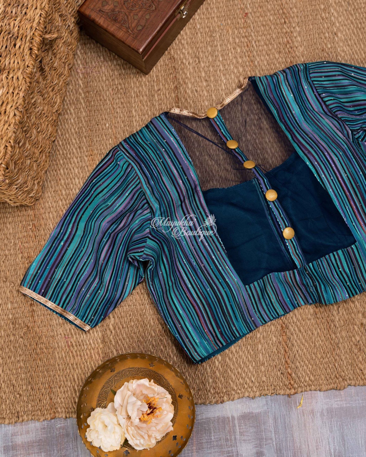 Crush Silk Mint Green Blissful Blues Saree With Stitched Blouse In Size 38-44 mayukhasarees