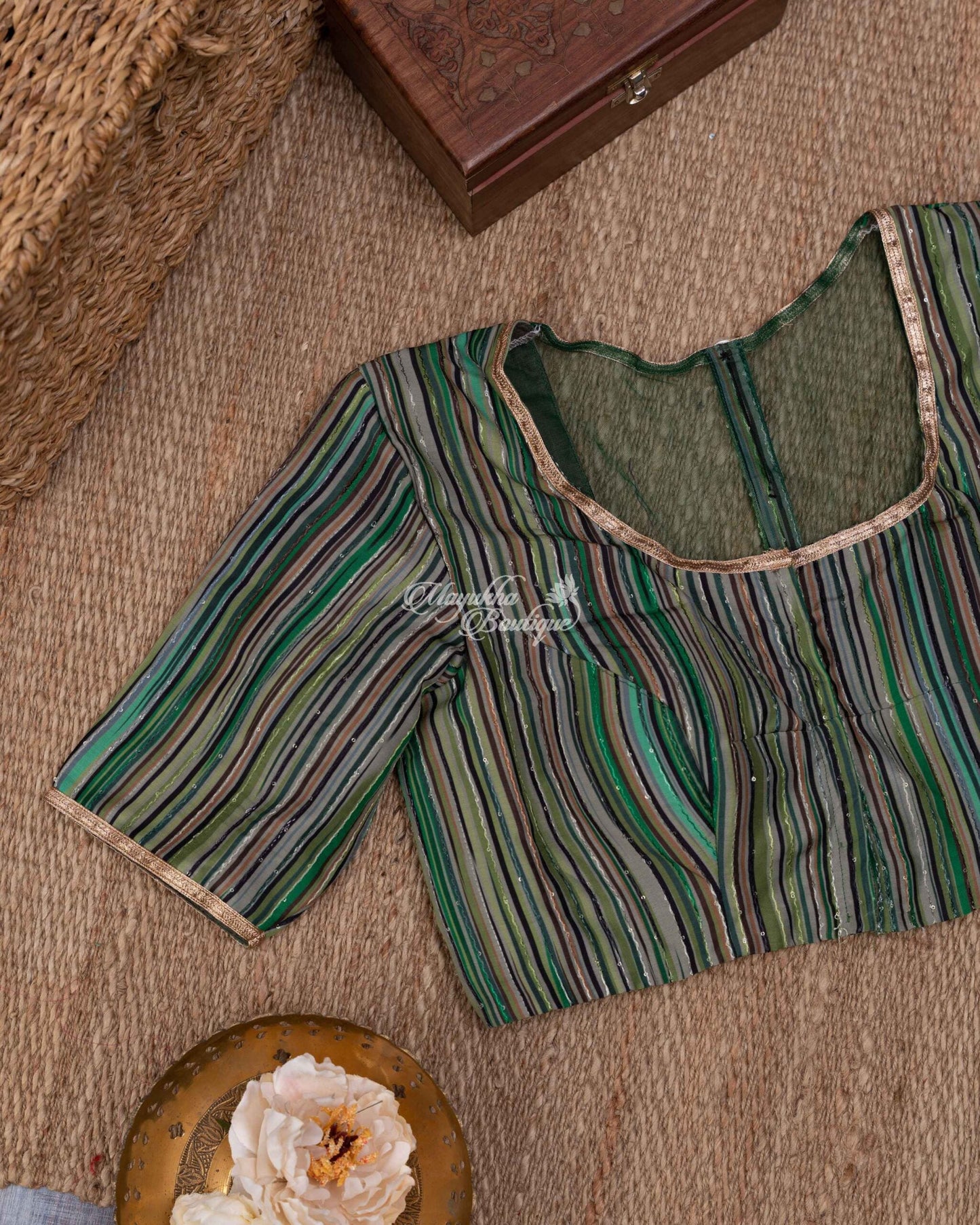 Crush Silk Moss Green Nature Love Saree With Stitched Blouse In Size 38-44 mayukhasarees