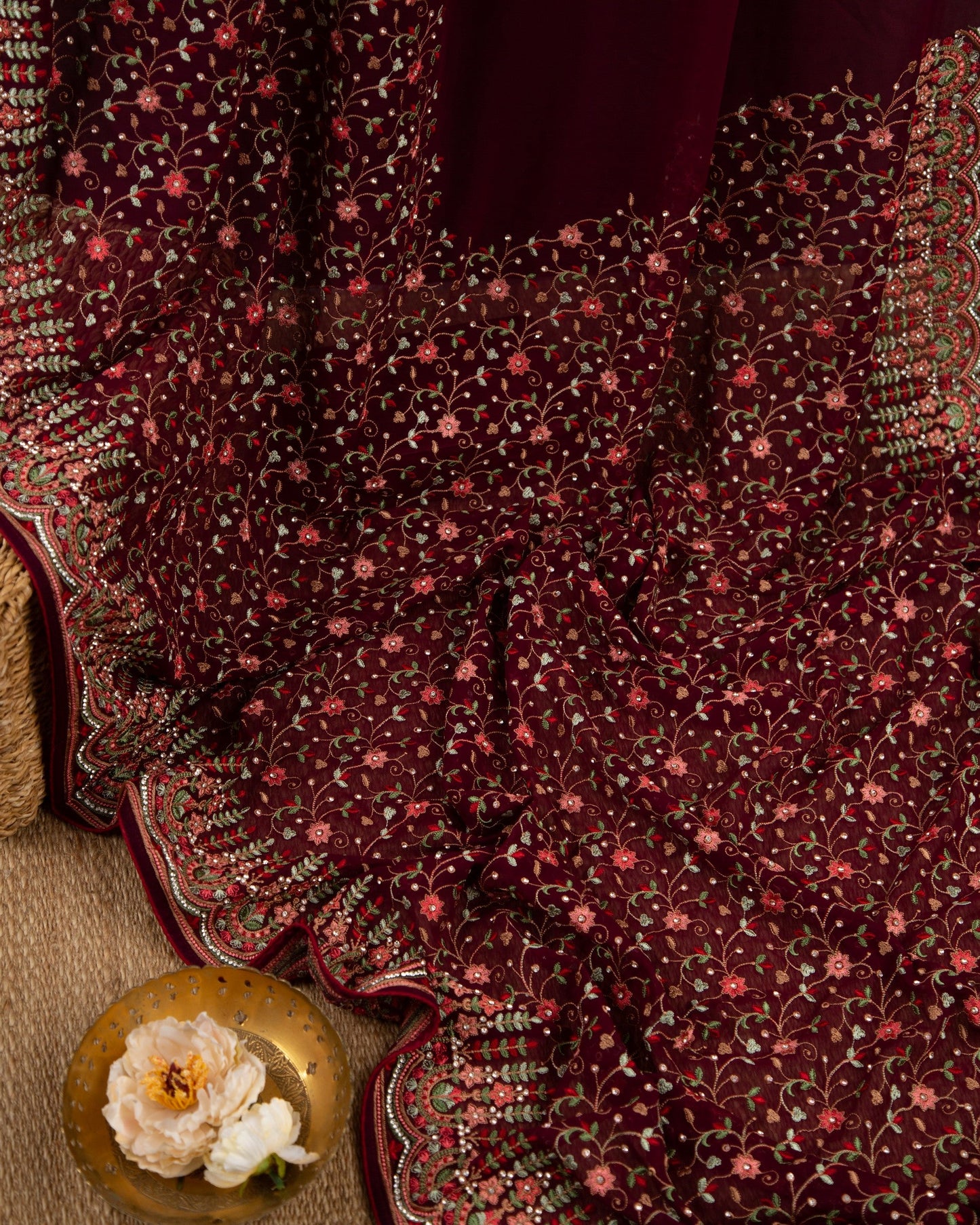 Gorgette With Machine Embroidery Bewitching Flora Saree With Stitched Blouse In Size 38-44 mayukhasarees