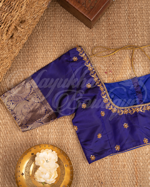 Green Kanchipuram Butta Saree With Blue Blouse With Stitched Blouse In Size 38-44 mayukhasarees