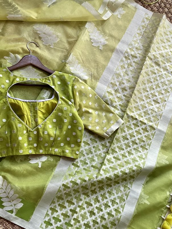 Green & White Banarasi Saree With Kora Cutwork mayukhasarees