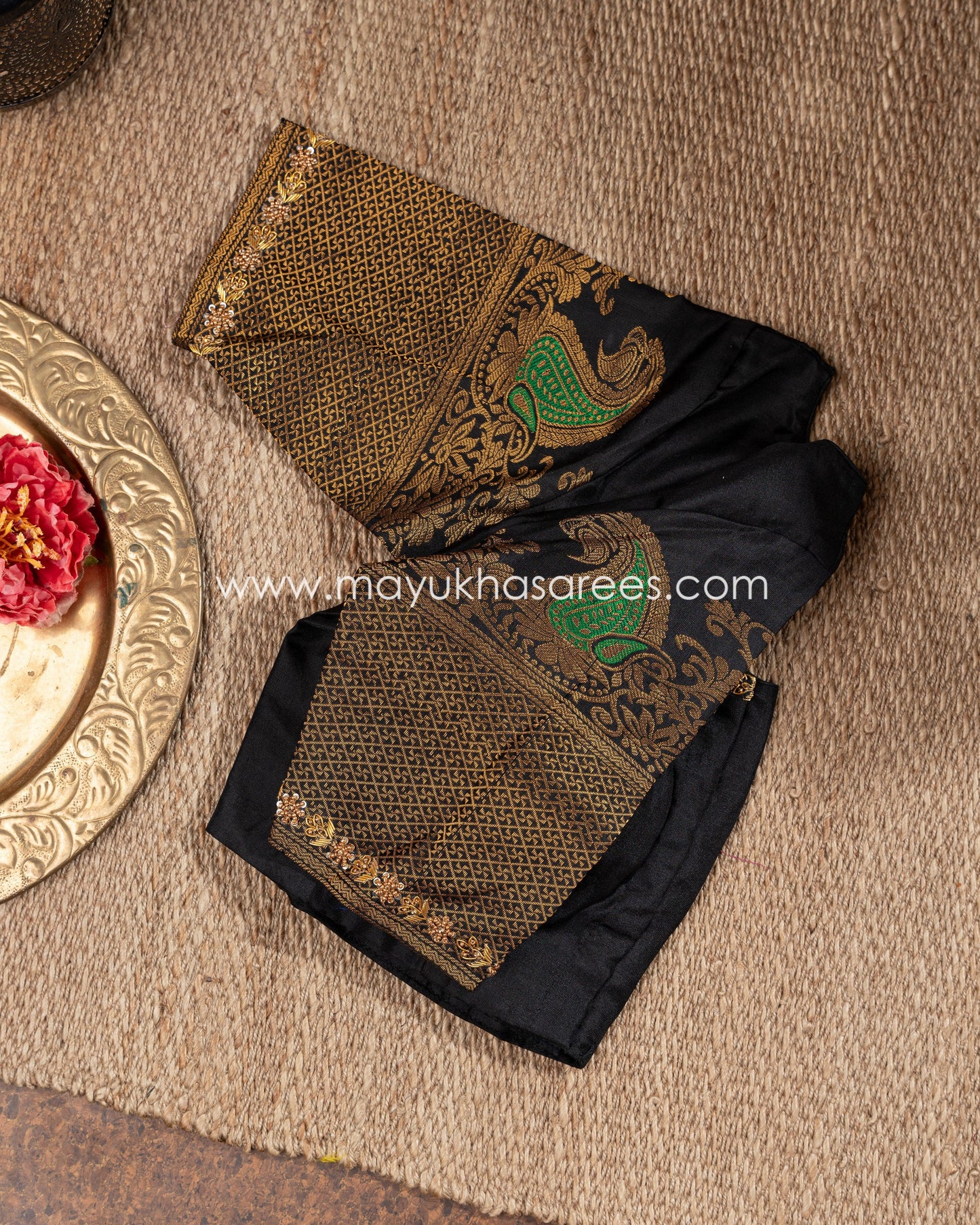 Grey And Black Gadwal Brocade Silk Saree With Stitched Blouse mayukhasarees