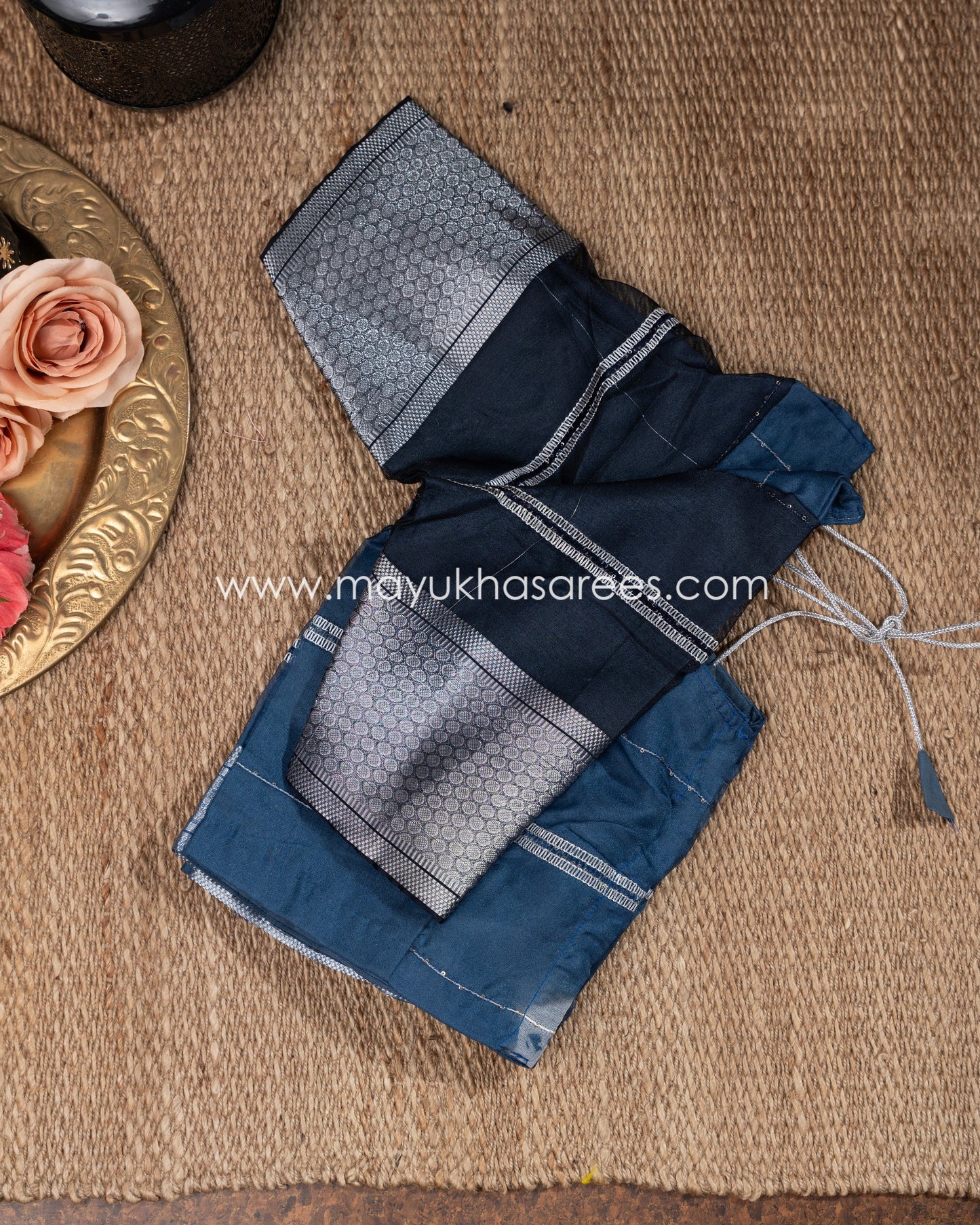 Grey And Blue Banarasi Kora Silk Saree With Sttitched Blouse mayukhasarees