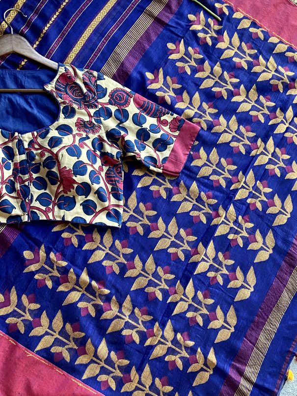 Ink Blue & Pink Khadi Cotton Saree With Jamdhani Pallu mayukhasarees
