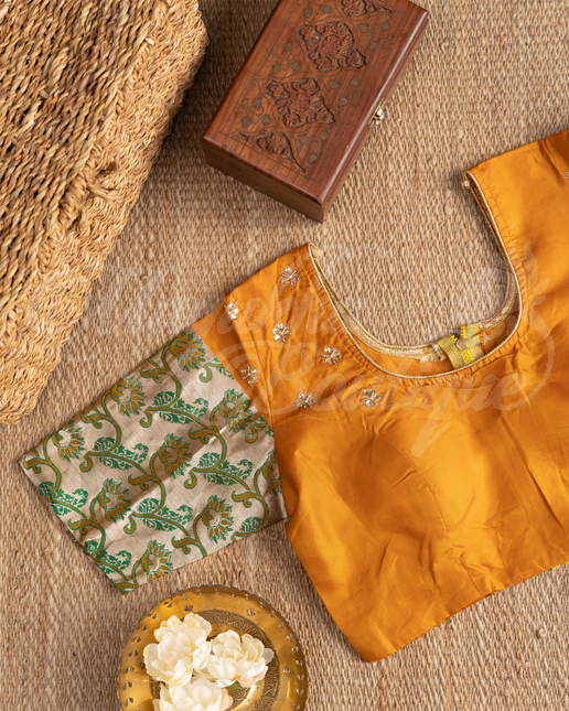 Kanchipuram Blue & Mustard Saree With Stitched Blouse In Size 38-44 mayukhasarees