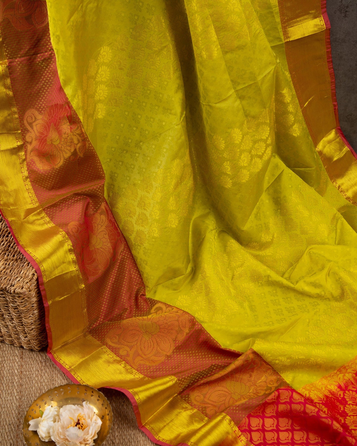 Kanchipuram Brocade Banana Leaf Green & Red Extravagant Affair Saree With Stitched Blouse In Size 38-44 mayukhasarees