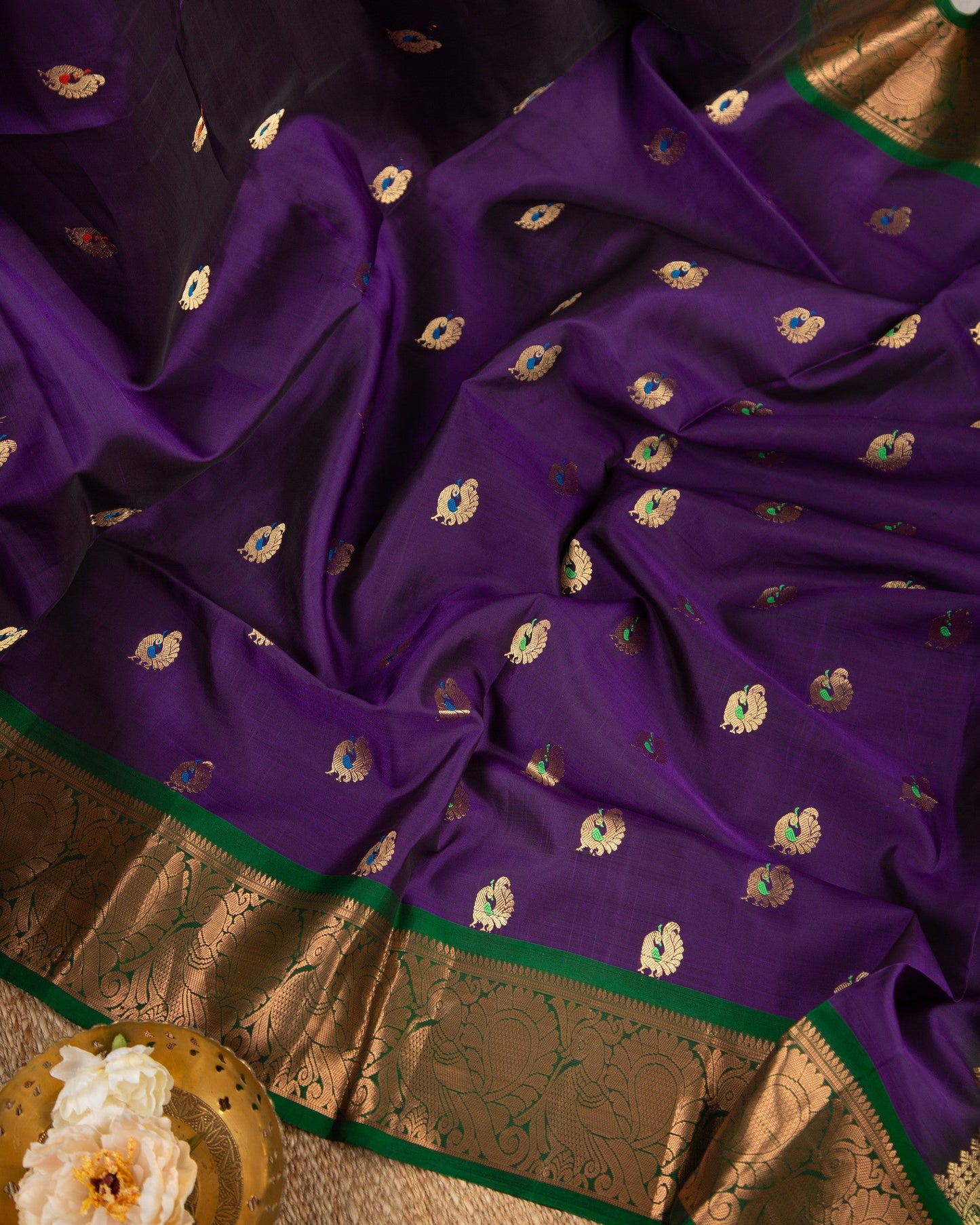 Kanchipuram Koravai Purple With Green Audacious Custom Saree With Stitched Blouse In Size 38-44 mayukhasarees