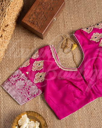 Kanchipuram Silk Butta Pink Saree With Stitched Blouse In Size 38-44 mayukhasarees