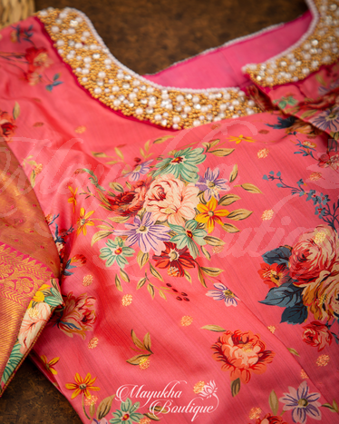 Kanchipuram Silk Jaal Pink Saree With Printed & Work Blouse With Stitched Blouse In Size 38-44 mayukhasarees