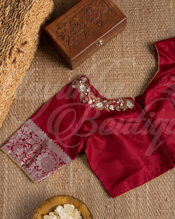 Kanchipuram Silk Maroon Saree With Stitched Blouse In Size 38-44 mayukhasarees