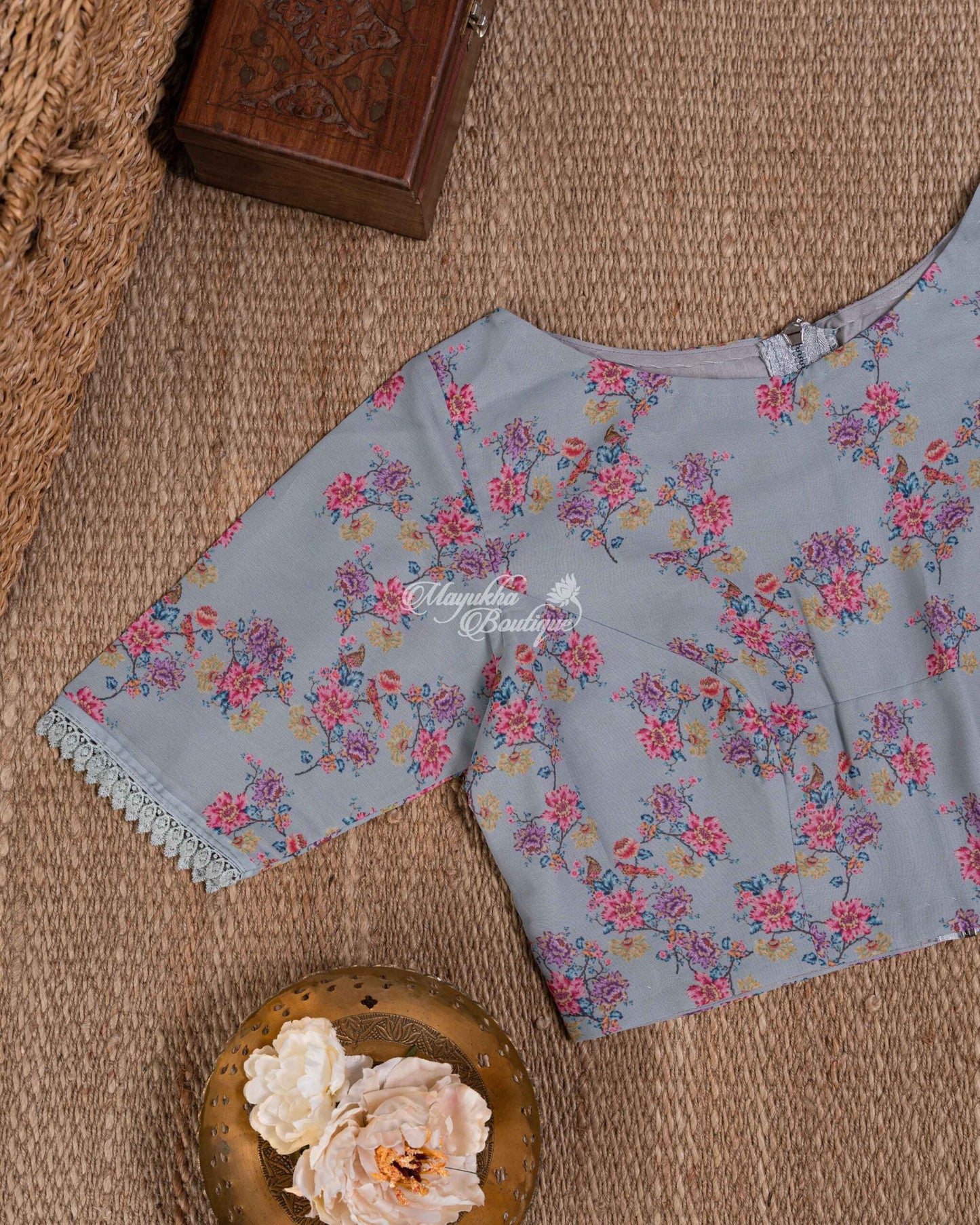 Light Weight Party Wear Georgette With Chikankari Embroidered Borders Pastel Mint Grey Grey Blossoms Saree With Stitched Blouse In Size 38-44 mayukhasarees