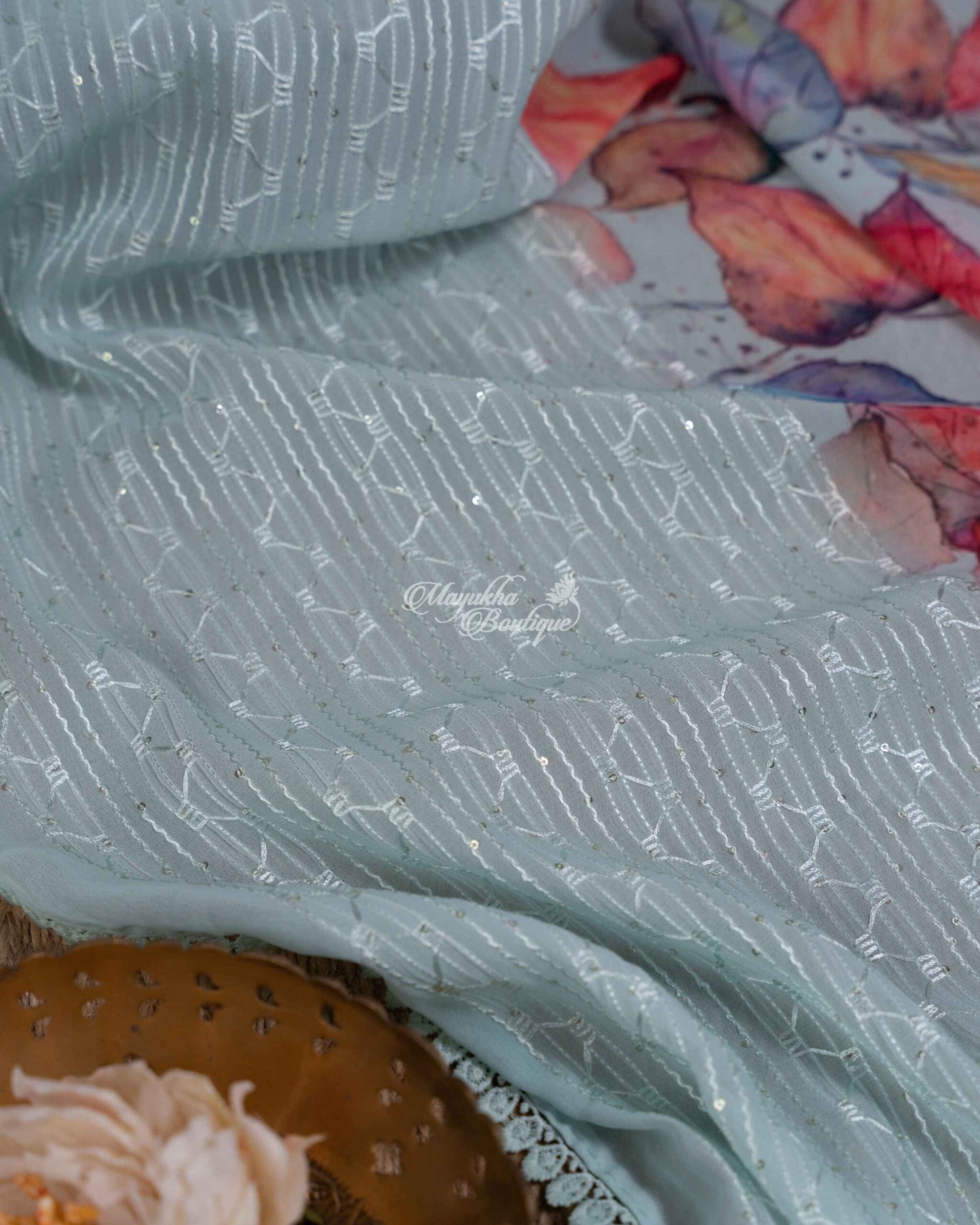 Light Weight Party Wear Georgette With Chikankari Embroidered Borders Pastel Mint Perfect Florals Saree With Stitched Blouse In Size 38-44 mayukhasarees