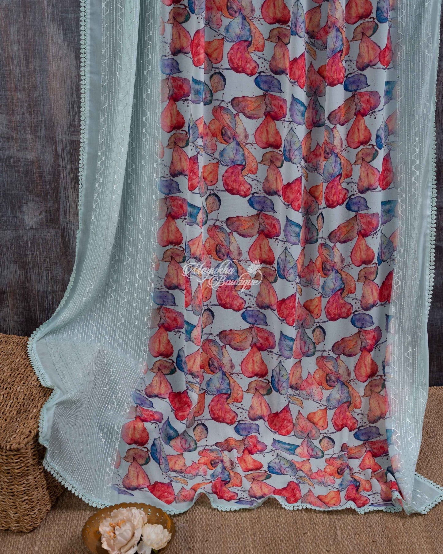 Light Weight Party Wear Georgette With Chikankari Embroidered Borders Pastel Mint Perfect Florals Saree With Stitched Blouse In Size 38-44 mayukhasarees