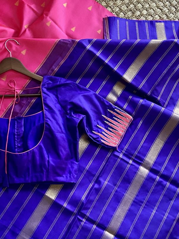 Lotus Pink & Blue Kanchipuram Silk Saree With Pure Zari mayukhasarees
