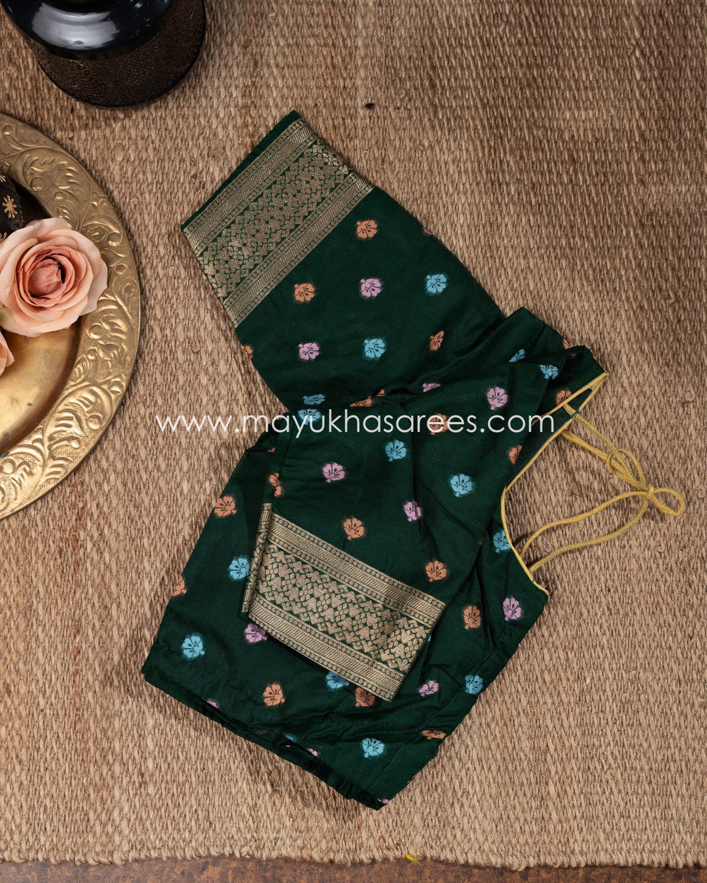 Mustard And Green Banarasi Tifli Silk Saree With Stitched Blouse mayukhasarees