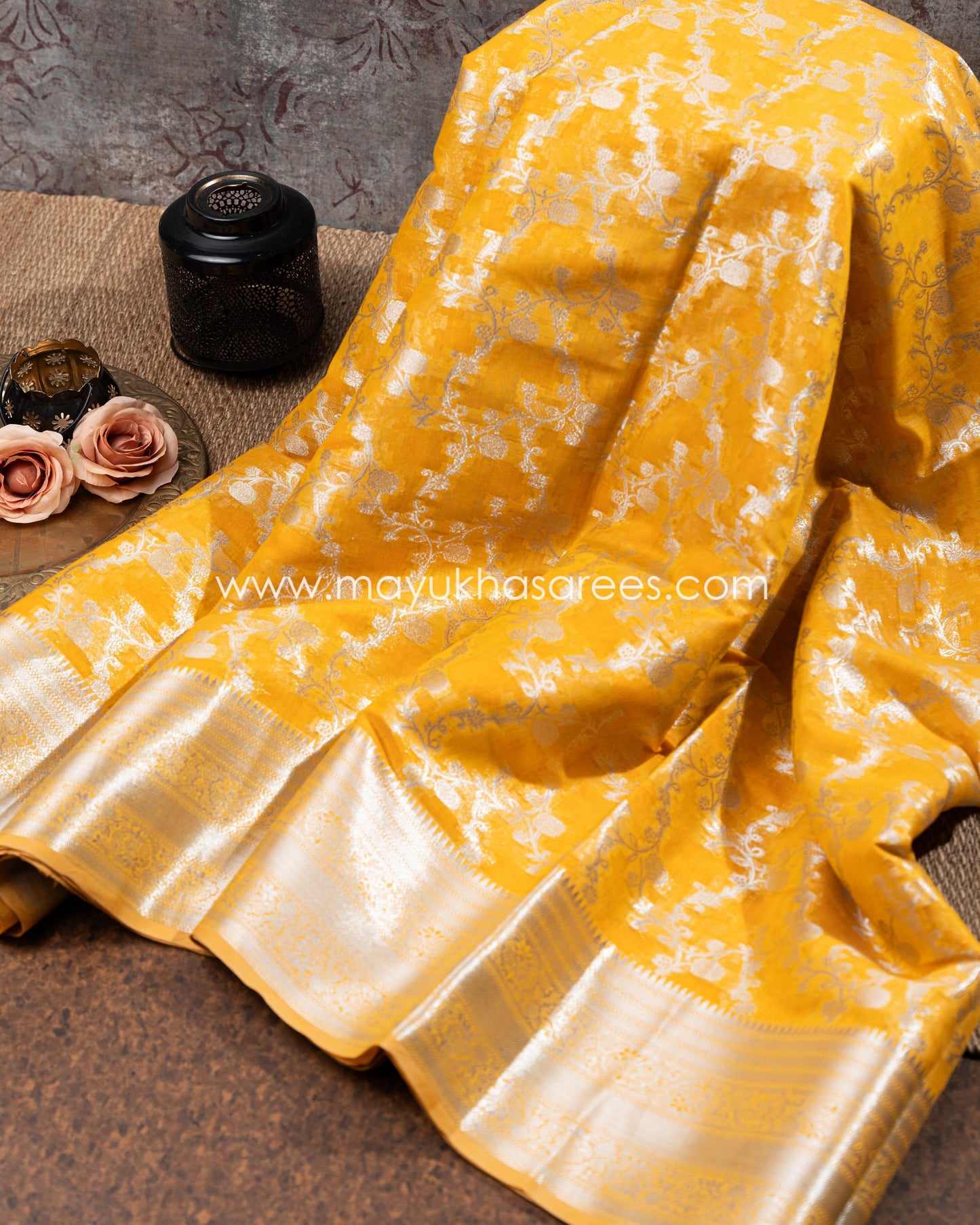 Mustard Banarasi Kora Silk Saree With Stitched Blouse mayukhasarees