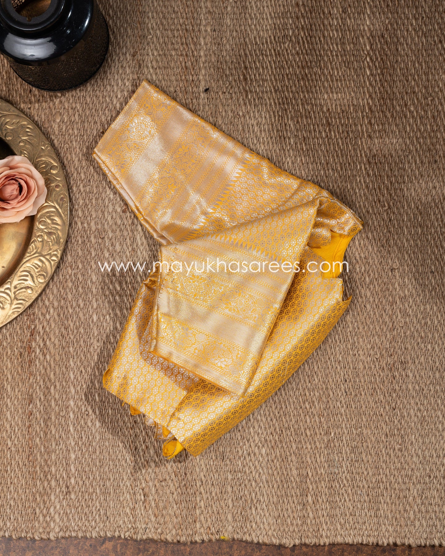 Mustard Banarasi Kora Silk Saree With Stitched Blouse mayukhasarees