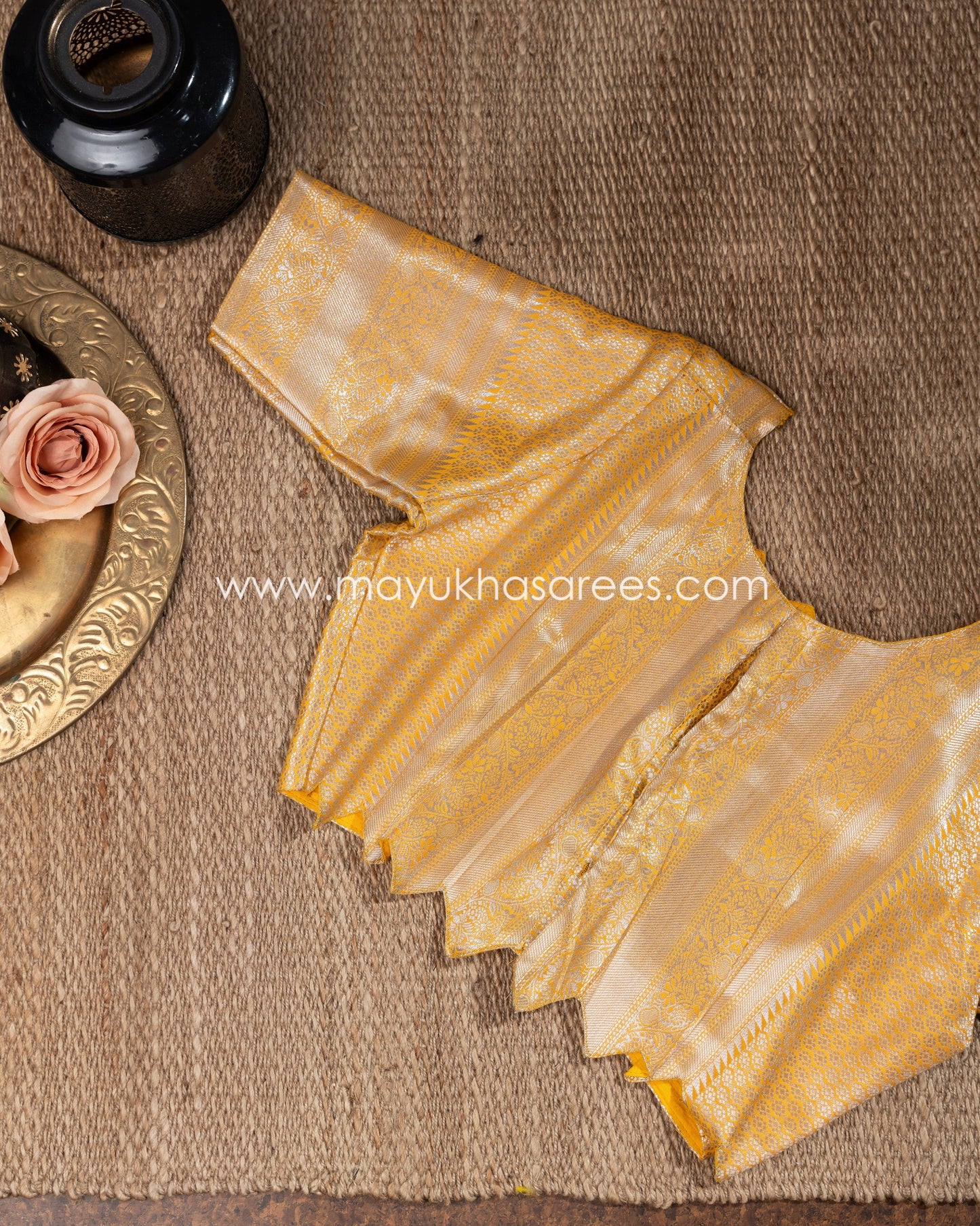 Mustard Banarasi Kora Silk Saree With Stitched Blouse mayukhasarees
