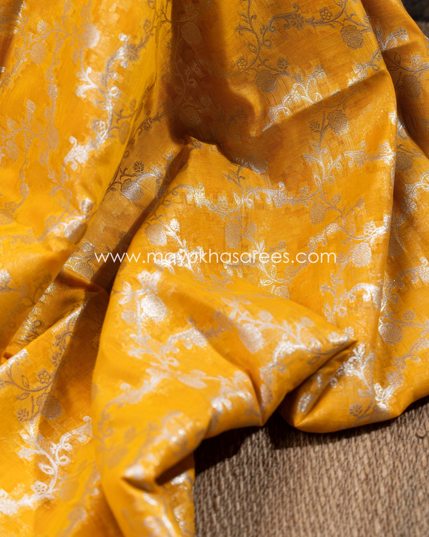 Mustard Banarasi Kora Silk Saree With Stitched Blouse mayukhasarees