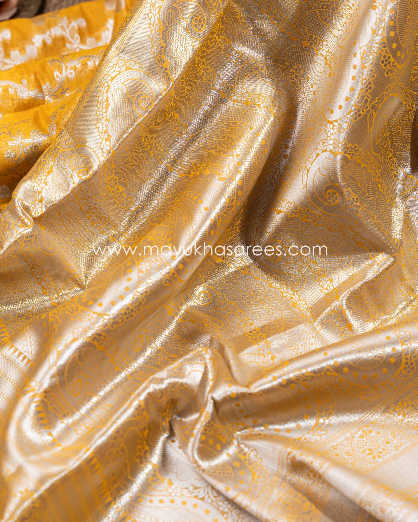 Mustard Banarasi Kora Silk Saree With Stitched Blouse mayukhasarees