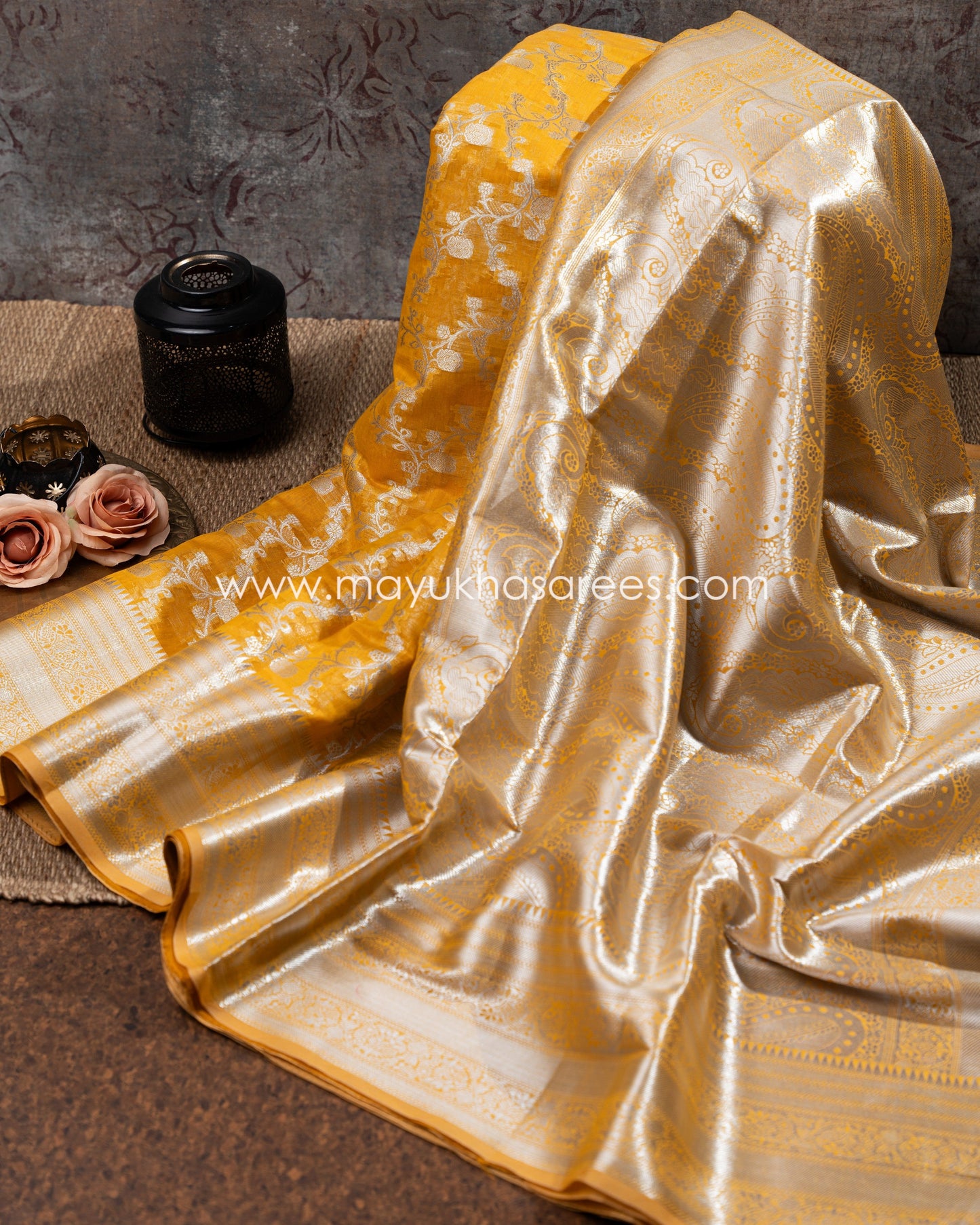 Mustard Banarasi Kora Silk Saree With Stitched Blouse mayukhasarees