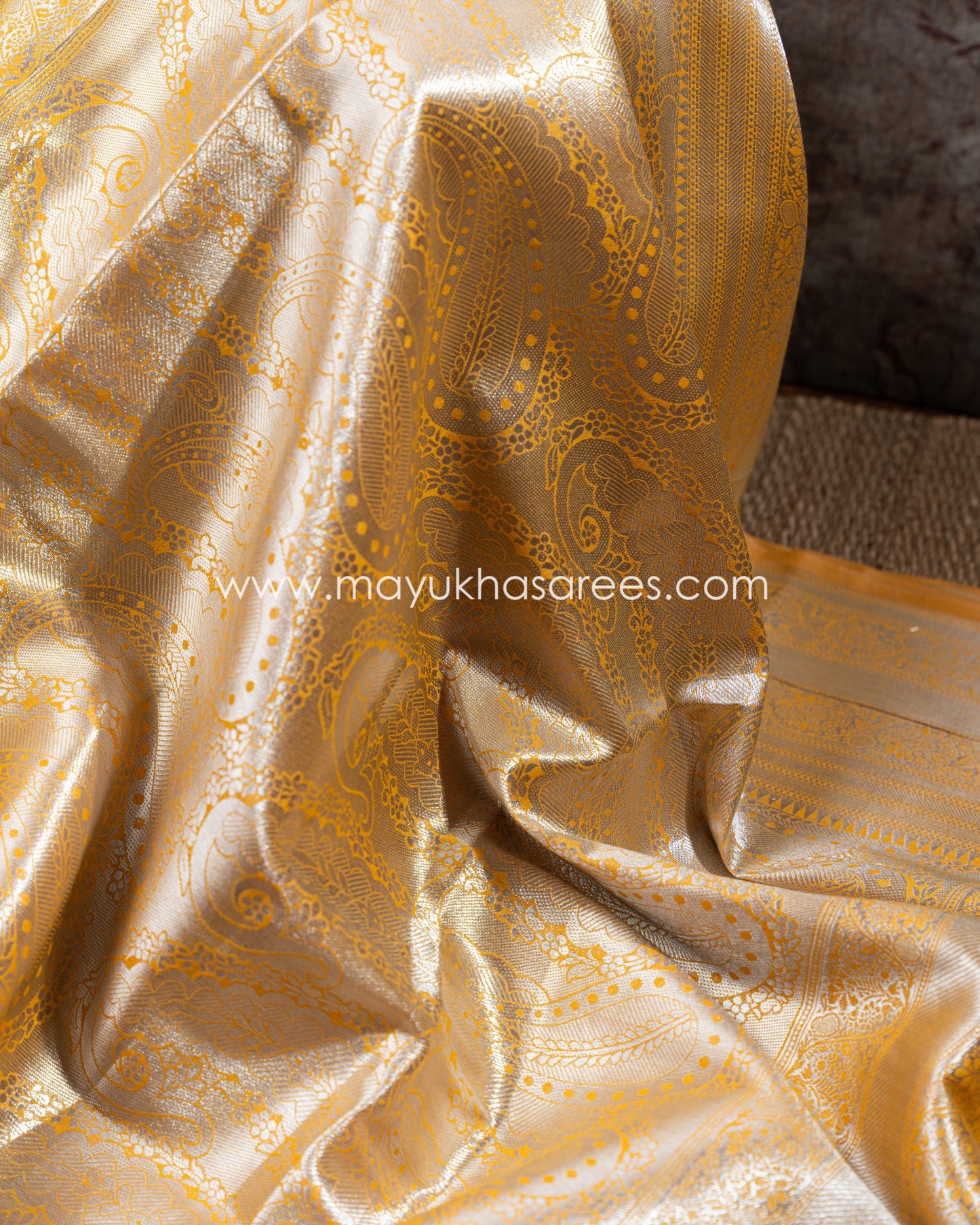 Mustard Banarasi Kora Silk Saree With Stitched Blouse mayukhasarees
