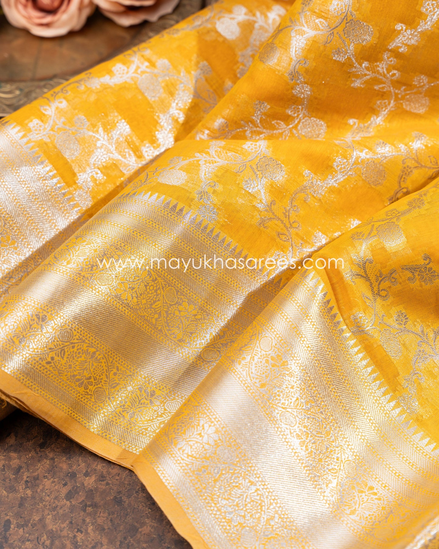 Mustard Banarasi Kora Silk Saree With Stitched Blouse mayukhasarees